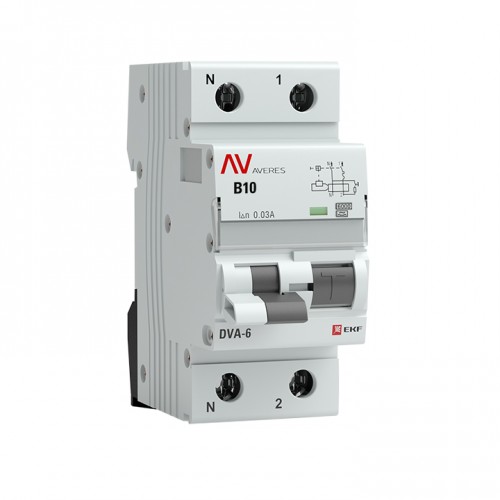 Дифференциальный автомат DVA-6 1P+N 10А (B) 30мА (A) 6кА EKF AVERES (RCBO6-1PN-10B-30-A-AV)