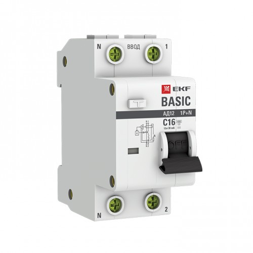 Автоматический выключатель дифференциального тока 1P+N 16А 30мА тип АС х-ка C эл. 4,5кА АД-12  Basic (DA12-16-30-BAS)