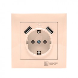 EKF Валенсия розетка 1-местная с/з 16А кремовая с защ. штор. с 2 USB 2,1А PROxima